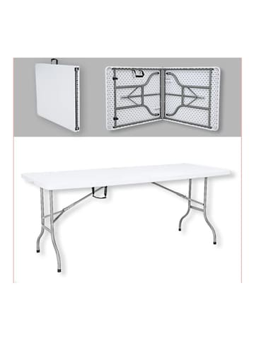 طاولة قابلة للطي من إيزادين ماركي، بلاستيكية، 180 سم، بيضاء، مناسبة للحدائق الخارجية والاجتماعات وحفلات الشواء