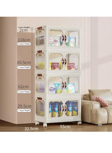 صناديق تخزين بلاستيكية من بايج بأربعة أرفف مع غطاء، حاويات تخزين قابلة للتكديس بعجلات، صناديق تخزين قابلة للطي، صندوق تخزين قابل للتكديس