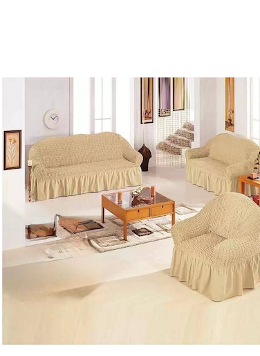 طقم أغطية كنب بيج بريميوم من القطن المطاطي (3+2+1 مقعد) - مقاس عالمي بتصميم حافة - أغطية أنيقة وواقية للأثاث