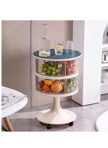 طاولة جانبية دوارة حديثة من بيج لتخزين الوجبات الخفيفة - منظم متعدد الطبقات مع درج مخفي وعجلات متحركة وسطح أملس