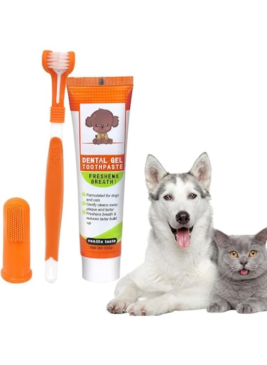 KASTWAVE Pet Dental Kit, 3PCS Soft Bristle Three-Sided Toothbrush Finger Brush Dog Toothpaste, Easy Solution for Pet Fresh Breath, Clean Teeth, Control Plaque &amp; Tartar, Complete Dental Care for Pets