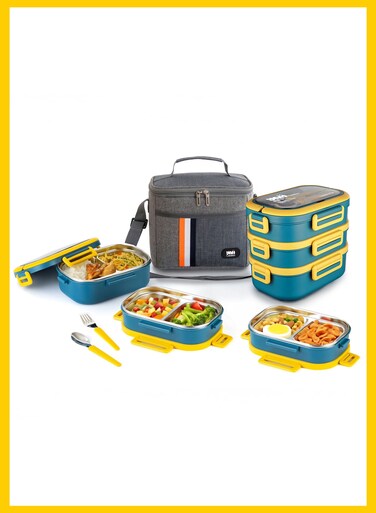 Creation YAH Premium Stainless Steel Bento Lunch Box with Lunch Bag &acirc;&euro;&ldquo; 3-Layer Leakproof Food Container (2.45L) with Stainless Steel Cutlery &amp; Insulated Thermal Bag &acirc;&euro;&ldquo; Durable &amp; Stylish for Work &amp; School &acirc;&euro;&ldquo; Blue &amp; Yellow