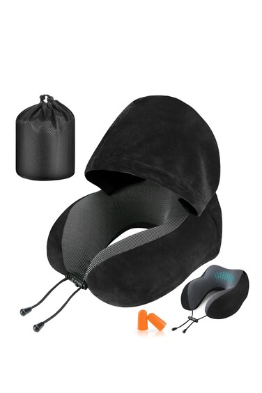 Neck Pillow for Travel with Hood for Airplane,and Eye mask and earplug Velvet Memory Foam Neck Pillow Adult Head &amp; Neck Support, for Long Flights Plane, Office, Cars Sleeping &amp; Rest Black