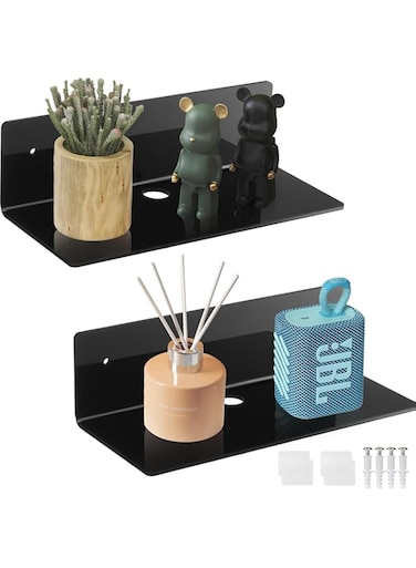 LUOBAO Acrylic Small Adhesive Wall Shelves,Mini Floating Shelves,Acrylic Display Shelves,Ledges for Pop Figures,Plant,Picture Photo Modern Wall for Bedroom Decor Living Room (2 Pcs 9" - Black)