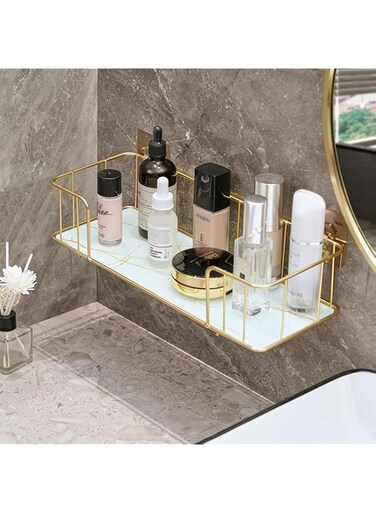 HAENJA Shower Caddy Adhesive Shower Shelves, Luxury Bathroom Shelf without drilling Iron Wall Shelf with Marble Style Glass Plate Makeup Storage Rack Bathroom Accessories (White, Small)