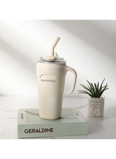 Stainless Steel Insulated Travel Mug with Handle &amp; Steel Straw With Capacity Of 650ML Cream