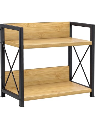 Shelf Organizer, 2 Tier Kitchen Spice Rack Organizer for Countertop, Wood Coffee Counter Shelf Organizer for Home (Bamboo), Bamboo &amp; Black, 11.8''&Atilde;&mdash;6.2''&Atilde;&mdash;10.4''