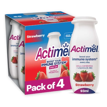 Actimel Strawberry Dairy Yogurt Drink, Probiotics Laban Drink Pack of 4x93ml