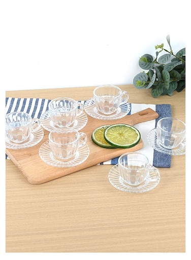 Tea Cups and Saucers Set of 6, Glass Coffee Mugs, Teacups for Espresso, Cappuccino Latte Tea , Clear Classic Design 85ml