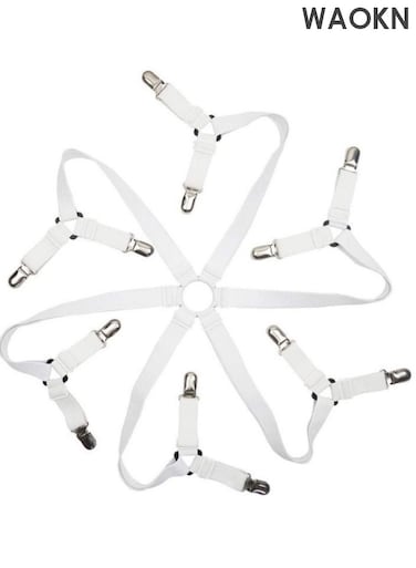 Adjustable Elastic Fitted Sheet Straps , Crisscross Bed Sheet Fasteners Suspenders , Bed cover anti slip hexagonal fixing clip , Fit Round and Square Mattresses ,Equipped with anti marking rubber pad ( White) .