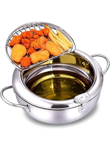 TOLASTO 2.2 L Deep Fryer Pot,304 Stainless Steel with Thermometer,Lid And Oil Drip Drainer Rack,Japanese Style Tempura Fryer Pan for French Fries Shrimp Chicken Wings