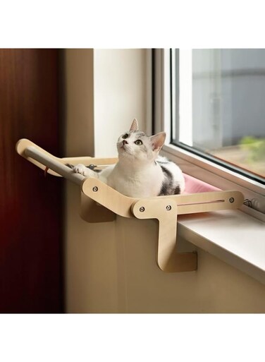Fohome Cat Window Perch Hammock,Cat Bed Seat Adjustable for Indoor Cats No Drilling No Suction Cup Wooden Material Durable Holding 40 LBS Used for Window, Bedside, Drawer