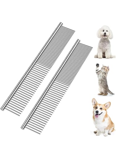 Dog Combs with Rounded Ends Stainless Steel Teeth, Cat Comb for Removing Tangles and Knots, Professional Grooming Tool for Long and Short Haired Dog, Cat and other pets