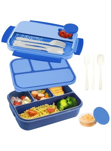 YumLock Lunch Box for Kids - 1300ml Bento Box with Spoon, Fork &amp; Sauce Container - Microwave &amp; Dishwasher Safe, Blue