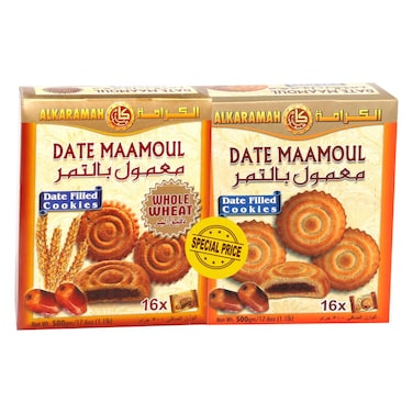 Al Karamah Maamoul Whole Wheat Date Filled Cookies, 500g Pack of 2