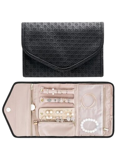 tewiaii Travel Jewelry Organizer Roll,Foldable Jewelry Roll Bag,Small Jewelry Storage Bag for Journey-Rings, Necklaces,Bracelets,Earrings for Women (Black)