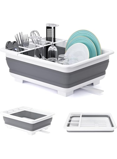 JICUICUI Collapsible Dish Drying Rack Portable Dinnerware Drainer Organizer for Kitchen RV Campers Travel Trailer Space Saving Kitchen Storage Tray