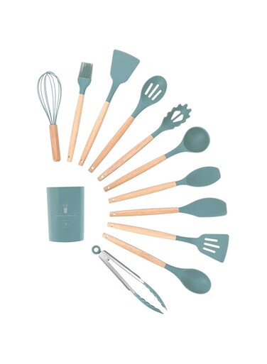 CHEFICOO Kitchen Cooking Utensils Set, 11 pcs Silicone Cooking Kitchen Utensils Spatula Set with Holder, Non-stick Heat Resistant, Wooden Handle Silicone Kitchen Gadgets Utensil Set Green
