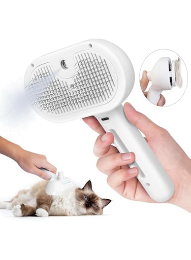 3-in-1 Steamy Cat Brush, Self-Cleaning Grooming Tool for Cats &amp; Dogs Removes Tangled Hair（White）