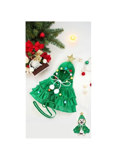 Sweet seven Christmas Pet Costume Set: Festive Cloak with Pompom and Hat for Cats and Small Dogs - Christmas Cosplay Outfit (Small, Green)