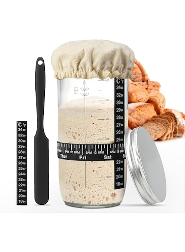 KEPTFIT Sourdough Starter Jar Kit, Sourdough Starter Jar With Thermometer, Silicone Scraper, Cloth Cover And Aluminum Lid. Reusable Sour Dough Starter Jar (24 oz/730 ml)