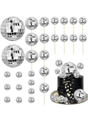 HAVAGDTM 28 PCS Disco Ball Cake Toppers Disco Ball Cake Decorations 70's Disco Cake Centerpiece Decor Disco Theme Cake Picks for Table Decorations Disco 1970s Theme Party Favor