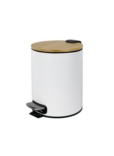 Bins Soft-Close Pedal Bin &acirc;&euro;&ldquo; Bamboo Top &amp; Matte White Body with Metal Pedal-5L