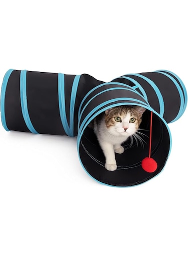 Mumoo Bear 3-Way Cat Tunnels for Indoor Cats - Rabbit Tunnels and Hideouts - Durable and Collapsible Cat Tubes and Tunnels for Active Play (Blue)