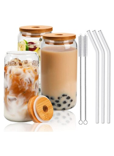 Home Drinking Glasses Can Shaped with Bamboo Lids and Glass Straw 3pcs Set - 16oz 600ml Coffee, Soda Glass, Beer Glasses, Iced Coffee Glasses, Cute Tumbler Cup, Heat-Resistant Drink Glass