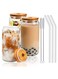 Home Drinking Glasses Can Shaped with Bamboo Lids and Glass Straw 3pcs Set - 16oz 600ml Coffee, Soda Glass, Beer Glasses, Iced Coffee Glasses, Cute Tumbler Cup, Heat-Resistant Drink Glass