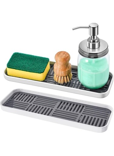 SWIUKPHE Kitchen Double Layer Sink Sponge Tray, Multi-function Draining Soap Dish Sponge Holder with Detachable Drain Tray, 2PCS
