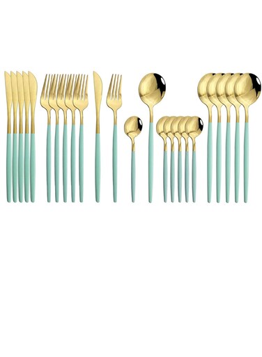 Flatware Serving Set 24 Piece, Stainless Steel Silverware Set, Green Gold Cutlery Set, Modern Elegant Tableware Set for Party, Christmas, Dinner (Mint Green Gold)