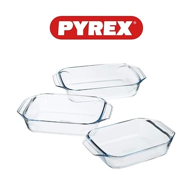 Pyrex Rectangular Roaster Set of 3 (2.1L + 2.9L + 3.8L) - Oven, Microwave, Freezer, and Dishwasher Safe