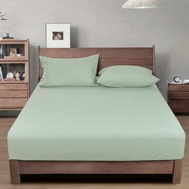 100% Garment Washed Cotton Fitted Sheet Twin Size (99cm x 190cm), Cozy Cloud Soft Bottom Sheet with Elastic 40cm Deep Pocket, Easy Fit and Breathable, without Pillowcase, Artemisia Green