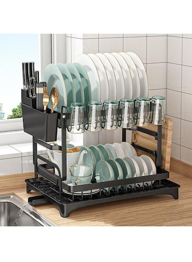 Dish Drying Stand With Drainer 2 Tier Dish Drying Rack 5 in 1 Metal Dish Organizer with Cups Holder Utensil Holder and Cutting Board Holder Over The Sink Dish Rack Kitchen Counter Space Saver