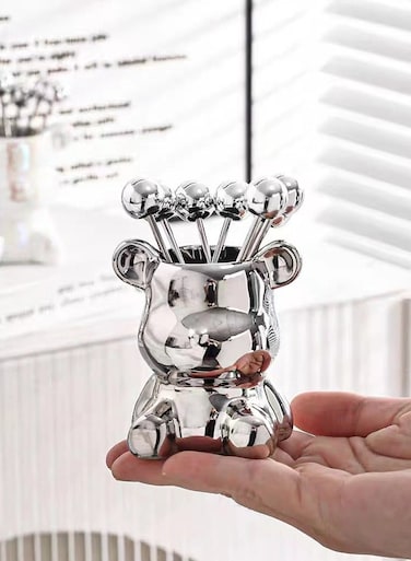 fruit picks, light luxury bear fruit fork, household tableware, cute fruit fork jar, creative storage jar (8x9, silver)