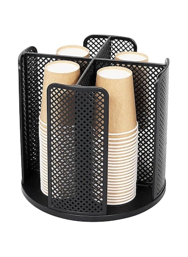 Rotatable Coffee Cups Organizer, Cups Dispenser Coffee Cup Holder Disposable Cups Holder with 4 Compartments (Black)
