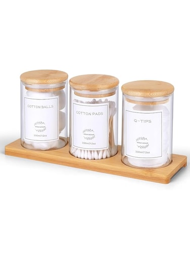 3 Pack Glass Qtip Holder for Bathroom with Bamboo Lids and Tray, 12oz Bathroom Organizers and Storage Accessories Home Decor, Apothecary Jars Qtip Dispenser for Cotton Swab, Cotton Ball and Floss