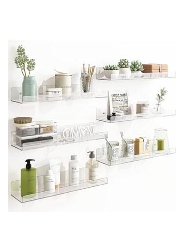 Acrylic Shelves, 15 Inch Floating Wall Mounted Shelves, Clear Funko Pop Display Case, Invisible Bookshelf, Wall Decor for Kids and Bathroom Storage, Set of 6