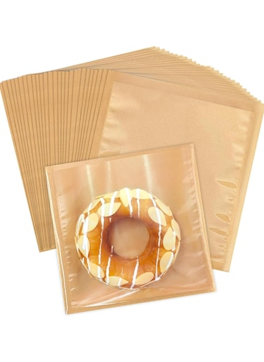 100-Pack 7x7.5 Inches Heat Sealable Cookie Bags with Window, Brown Kraft Paper, Greaseproof
