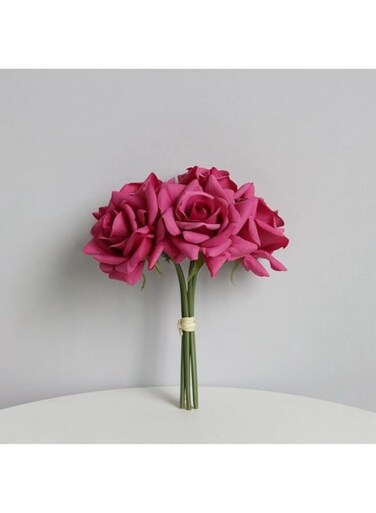 Artificial Rose Bouquet, 5 Stems, Real Touch Crimped Edge Flowers, White with Pink Tips (red)
