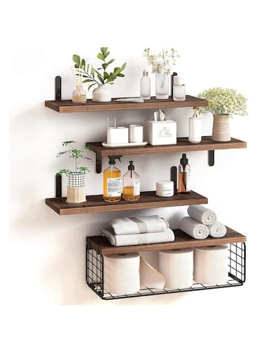 ROUNY Floating Shelves Wall Mounted, Wood Floating Storage Shelves Set of 4 with Storage Basket, Wall Mounted Shelf Organizer for Living Room, Bedroom, Kitchen, Bathroom, Office
