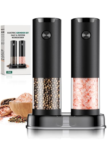 Salt and Pepper Grinder Set Automatic Battery Pepper Mill Shakers Adjustable Coarseness Easy Filling Upgraded Larger Capacity with Led (2 Pack Black/Black&iuml;&frac14;&permil;