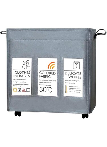 Top-Tech Laundry Basket Laundry Hamper Bin Clothes Sorter Storage Organizer Bag Collapsable 3 Section with Wheel and Handle Easy to Move (Gray)