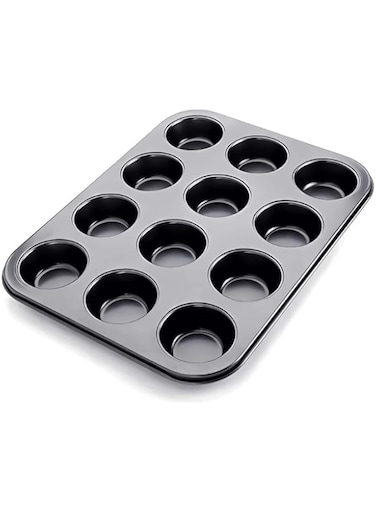 Showay Non-Stick Carbon Steel Muffin Pans - Pair Of Cupcake Cookie Sheet Pan Style For Baking, Muffin Pans W/ 12 Cups Cupcake Baking Tray (Black)