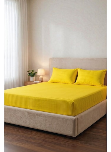 Cotton 3-Piece Microfiber Double Fitted Sheet Set &acirc;&euro;&ldquo; Mustard Yellow Striped 150 x 200 cm with Full Elastic &amp; 2 Pillowcase