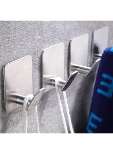 Aputue Adhesive Wall Hook, SUS304 Stainless Steel Adhesive Towel Hooks,No Drill Traceless Waterproof Rustproof Bathroom Hooks for Bathroom, Kitchen, Cabinet, Office, Coat Robe, Towel (Silver 4PCS)