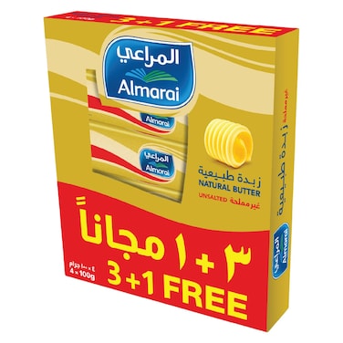 المراعي زبدة طبيعية غير مملحة  100 غرام، عبوة من 4 قطع