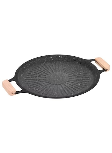 Round Non-Stick Grill Pan with Wooden Handle (30cm) - Multi-Use BBQ Plate for Camping, Kitchen &amp; Outdoor Cooking
