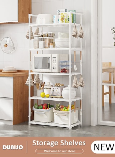 5 Tier Storage Shelves, Stable Kitchen Shelf Organizer, Storage Rack with Armrests, Removable Free Standing Rack with Hooks, Multifunctional Storage Organizer,Shelving Unit for Laundry Room,Living Room,Garage,Pantry,Study Room